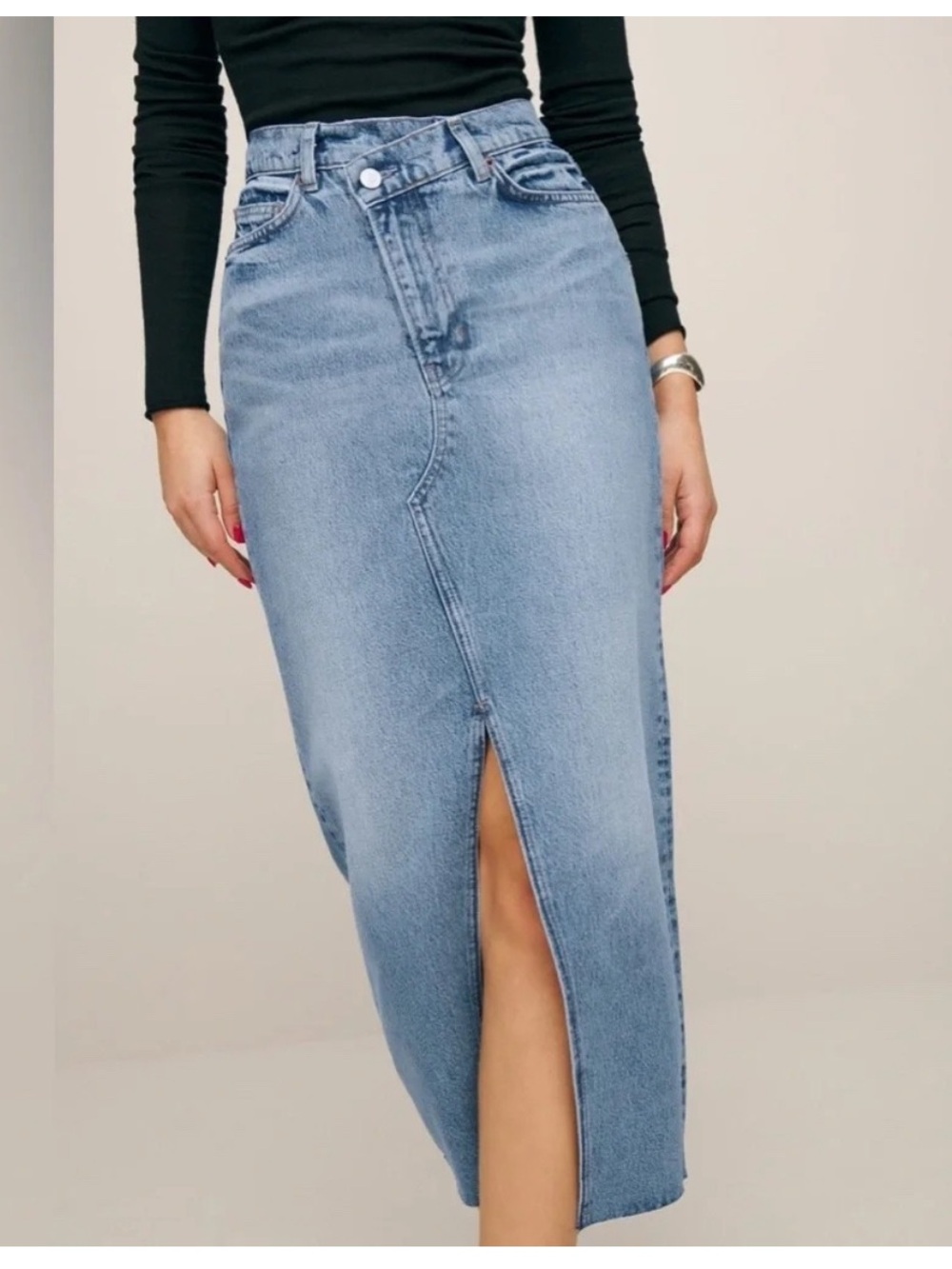 Reformation Blue Denim Midi Skirt with Front Slit
